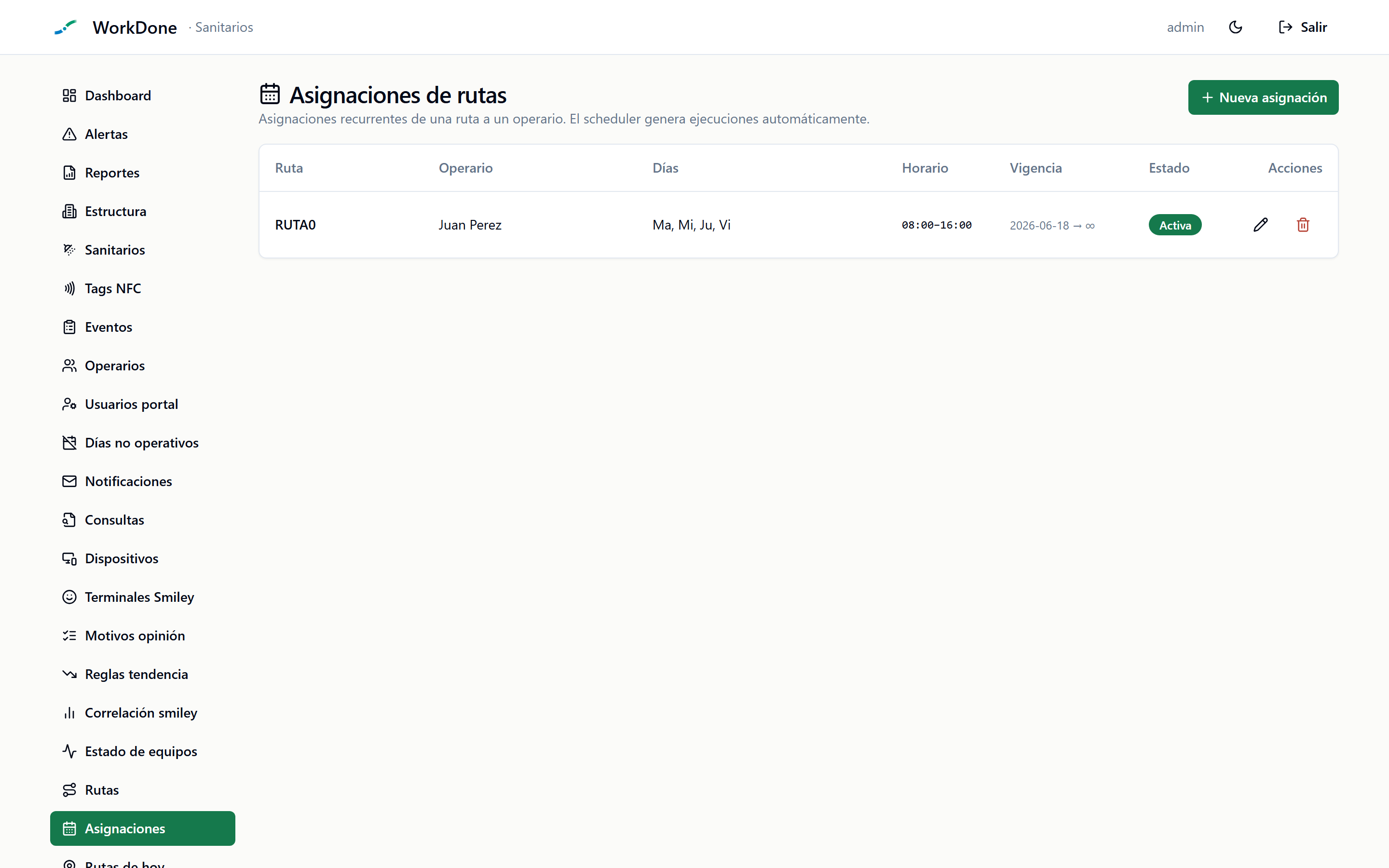 Pantalla Asignaciones de rutas con columnas Ruta, Operario, Días, Horario, Vigencia y Estado, y el botón + Nueva asignación