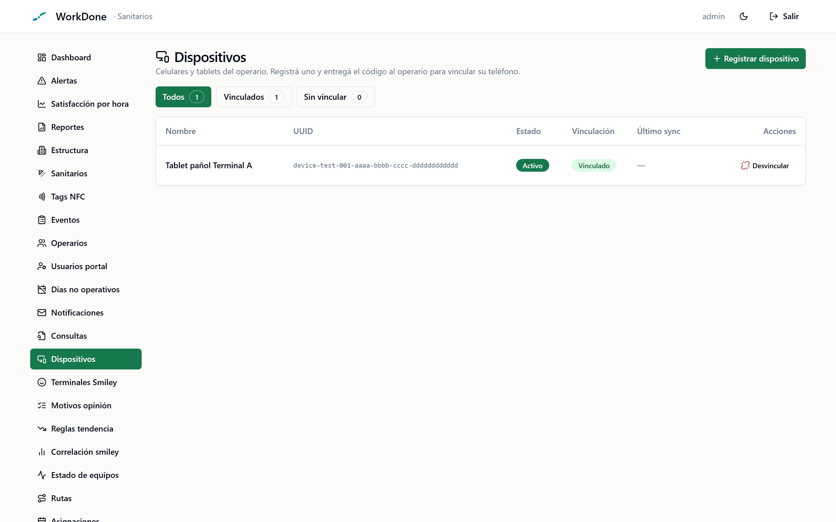 Pantalla Dispositivos del BackOffice: pestañas Todos/Vinculados/Sin vincular, tabla con nombre, UUID, estado, vinculación y último sync, y botón + Registrar dispositivo
