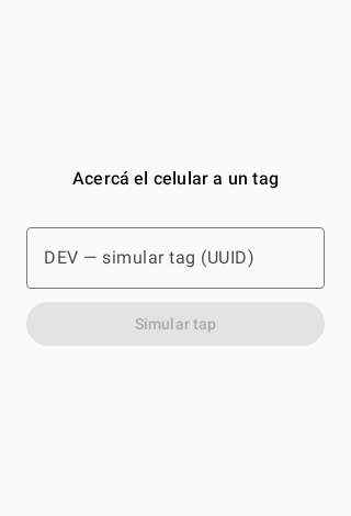 Pantalla de la app móvil esperando que acerques el celular a un tag NFC, con el simulador de UUID en modo DEV