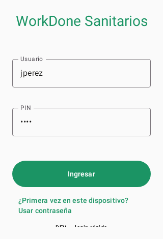 Pantalla de login de WorkDone Sanitarios con usuario jperez y campo PIN