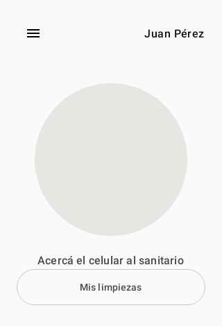 Main en estado GRIS, círculo gris con texto Acercá el celular al sanitario