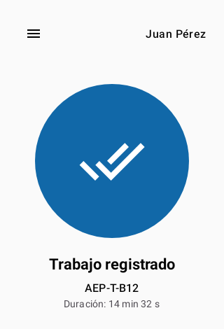 Main en estado RESUMEN azul con Trabajo registrado y duración