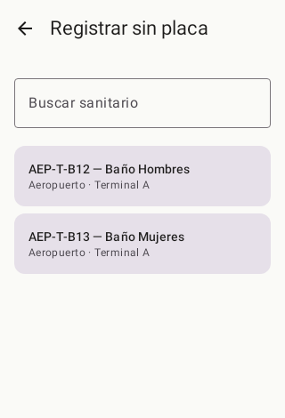 Pantalla Registrar sin placa con buscador y lista de sanitarios AEP-T-B12 y AEP-T-B13